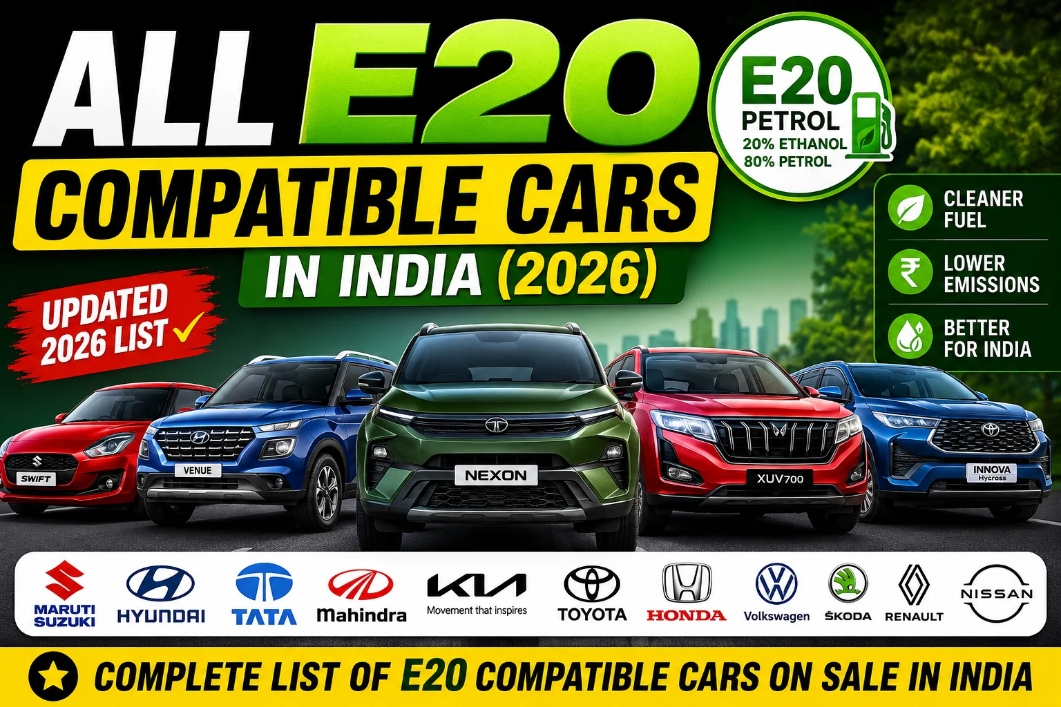 Complete list of E20 compatible cars in India 2026 featuring Maruti Suzuki, Hyundai, Tata Motors, Mahindra, Toyota and other brands